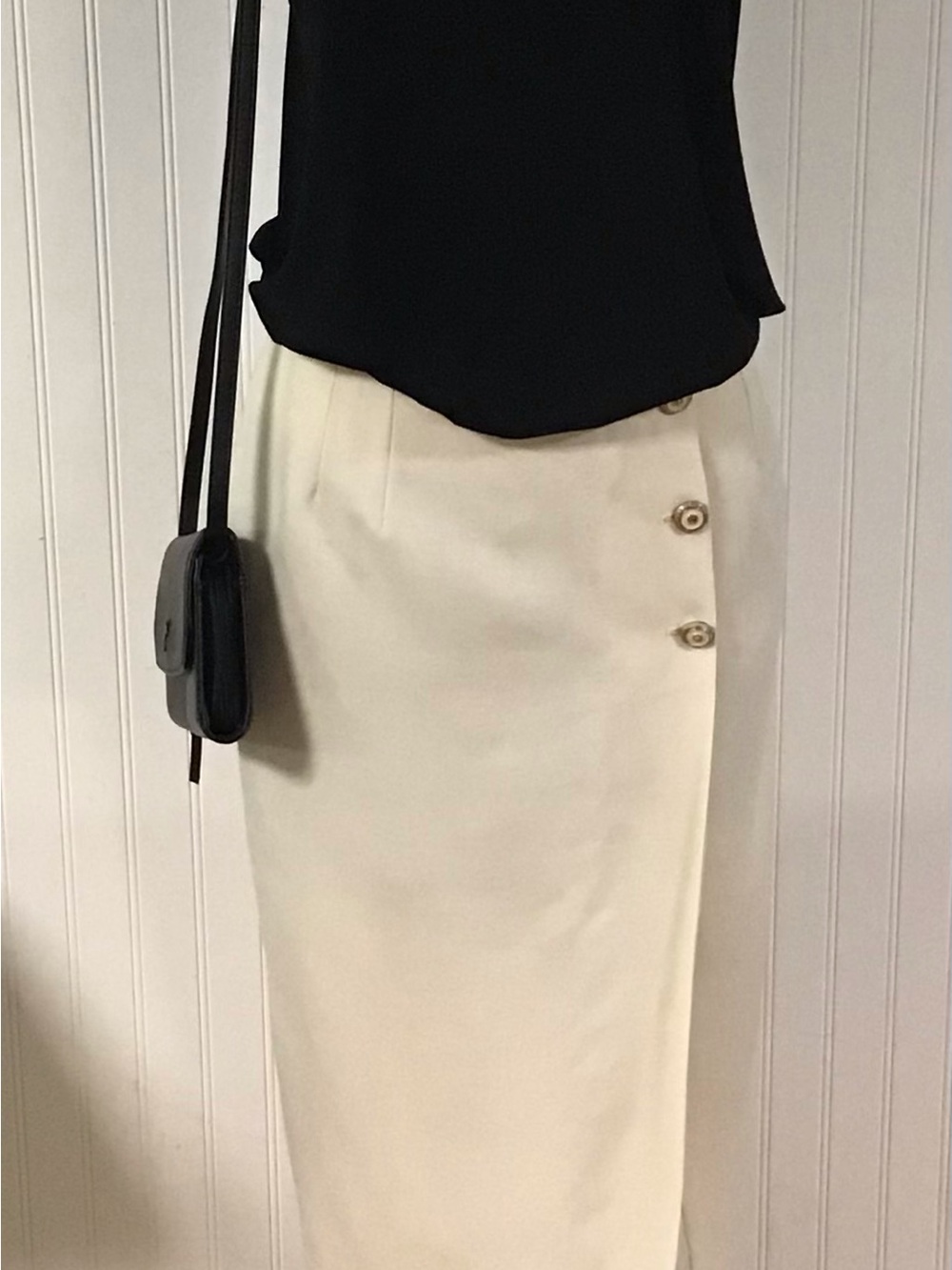 Button-Accent Cream Pencil Skirt
